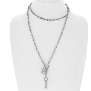Lock and Key Necklace Crystal Rhinestone Multi Strand Necklace in Silver